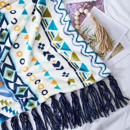 CASAAGUSTO Boho Throw Blanket - Blue and White Decorative Blankets with Tassel, Printed Flannel Bohemian Blanket for Chair, Bed, Sofa, Couch(50 * 60, Blue and White)