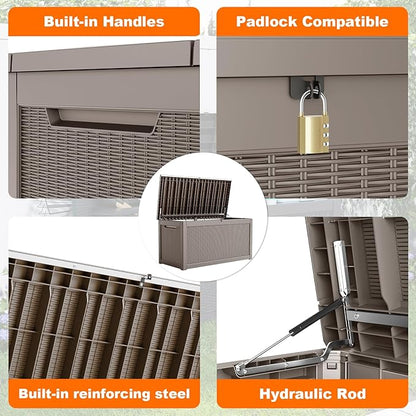 260 Gallon Resin Deck Box, Lockable Patio Outdoor Storage Box for Furniture, Garden Tools and Tools Storage, Waterproof Outside Storage Boxes - Grey