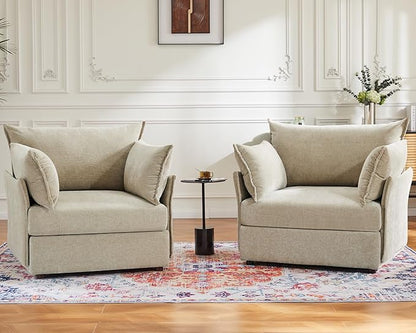 Oversized Accent Chair, Upholstered Modern Sofa Chair with Removable Backrest & Detachable Cover, 24.5" Deep Seat Large Reading Armchair for Living Room Bedroom Office - Chenille Beige Set of 2