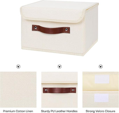 ANMINY 2PCS Storage Bins with Lid PU Leather Handles Storage Boxes PP Plastic Board Decorative Foldable Lidded Cotton Linen Fabric Home Cubes Baskets Closet Organizer Containers - Beige, Small Size
