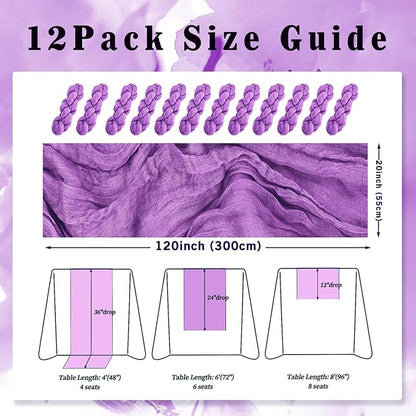 12 Pack Purple Cheesecloth Table Runner 10FT Boho Fabric Rustic Cheese Cloth Table Runner for Wedding Bridal Shower Baby Shower Gauze Sheer Birthday Party Table Decorations 20 x 120 Inch Long