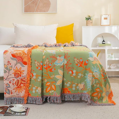 Boho Fall Throw Blanket for Bed，100% Ultra Cotton Soft Breathable Bed Throw Floral Printed Farmhouse Decor Rustic Bed Throws for Couch Sofa Quilt 90" x 98"-Orange& Sage Green
