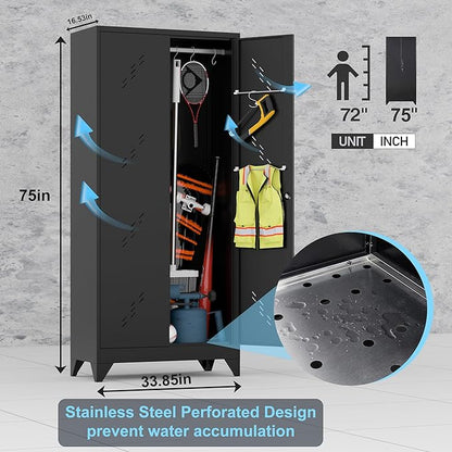 Metal Storage Cabinet with Lock Door, 75" Tall Garage Storage Cabinet with Hanging Rod, Broom Closet Bathroom Storage Cabinet, Cleaning Tool Cabinet