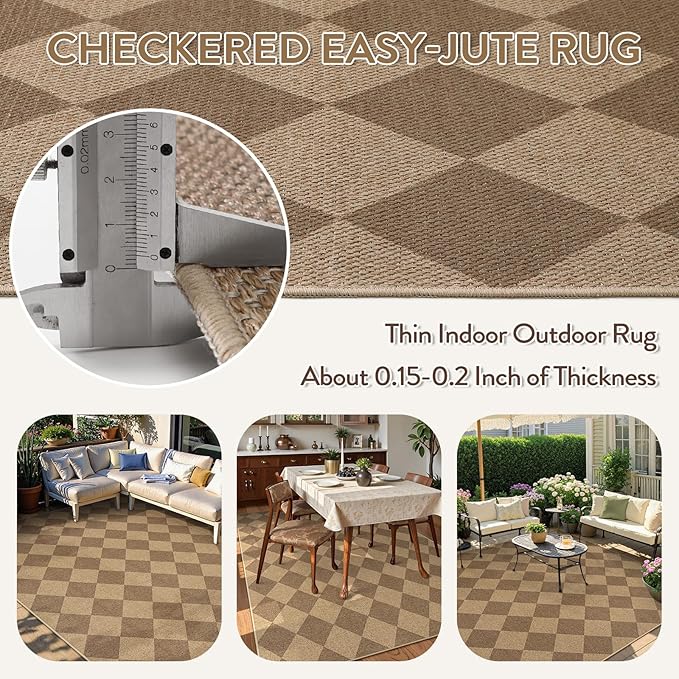 Lahome Checkered Easy Jute 6x9 Rug, Large Rugs for Living Room Dining Room Farmhouse Indoor Outdoor Carpet, Checkerboard Washable Geometric Rug Non Slip Black Carpet for Office Backyard Patio