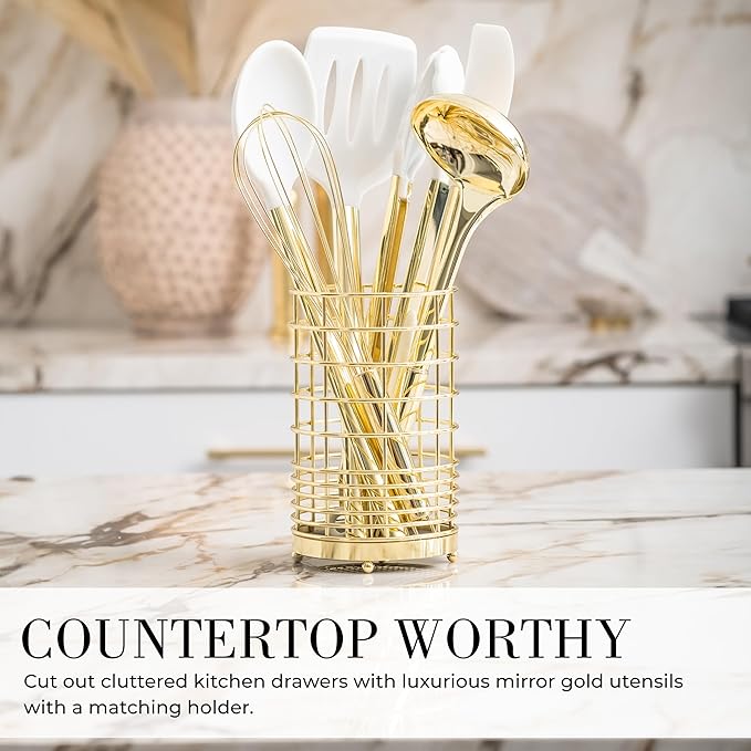 Styled Settings White and Gold Kitchen Utensils Set - 15-Piece BPA free, Non-Scratch, Utensils Set Includes White Silicone Cooking Utensils and Measuring Cups and Spoons
