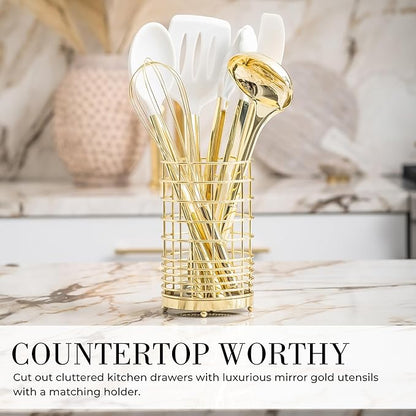 Styled Settings White and Gold Kitchen Utensils Set - 15-Piece BPA free, Non-Scratch, Utensils Set Includes White Silicone Cooking Utensils and Measuring Cups and Spoons