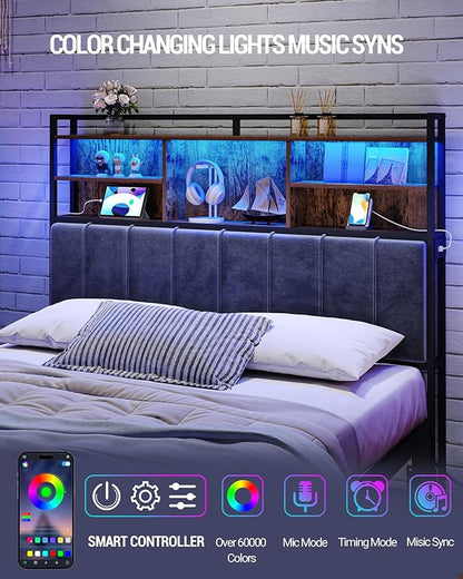 Headboard with 3-Tier Storage Shelves, Velvet Upholstered Head Board with 2 Outlets, USB Ports & LED Light, Soft Backrest for Queen Size Bed, Rustic Brown and Black BH15201BV1