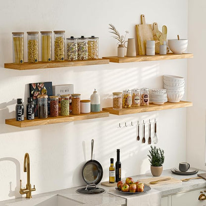 55 Inch Floating Shelves for Wall, Elm Wood Floating Shelves for Home Décor, Wall-Mounted Display Shelves with Heavy-Duty Bracket, Live Edge Long Floating Shelf for Kitchen, Living Room, Natural