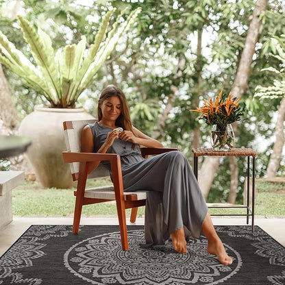 CAMILSON Outdoor Rug 6x9 Modern Area Rugs for Indoor and Outdoor Patios and Porches - Waterproof Washable Non-Shedding Easy-to-Clean Outside Carpet (6 x 9, Medallion - Dark Grey/Light Grey)