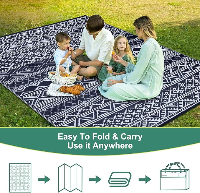 GAOMON Outdoor Rug 9'x12' Waterproof Rug for Patio Decor, Foldable Reversible Plastic Straw Area Rugs Mat for Camper, Outside Carpet for Deck, Porch, Picnic, Beach, Dark Blue/White(Bohemia)