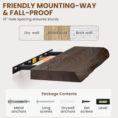 30" Floating Shelves, Live Edge Solid Elm Wood Floating Shelf, Wall Mounted Display Shelves with Heavy-Duty Bracket for Books, Rustic Wooden Shelf for Kitchen, Bathroom, Walnut Color, Set of 2