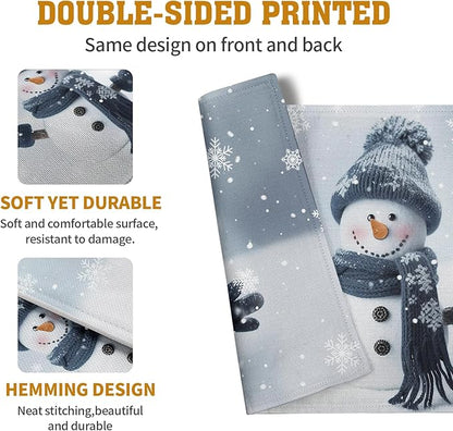 Snowman Placemats Set of 4, 12x18 Inch Winter Cute Blue Snowman Snowflake Table Mats Seasonal Christmas Holiday Washable Linen Fabric Place Mats for Farmhouse Party Kitchen Dining Decor