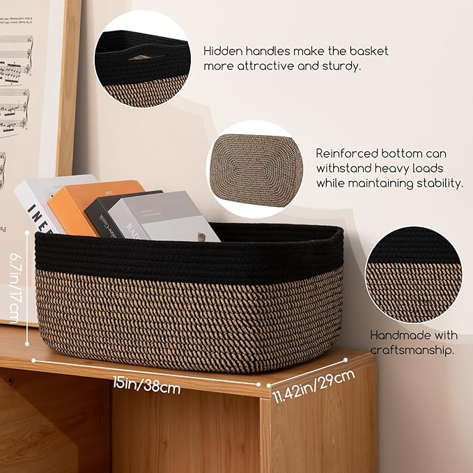 Storage Baskets for Organizing 3 Pack, Woven Baskets for Shelves, Closet Organizer Bins Empty Gift Basket Toy Storage for Toys, Books, Towels, Clothes, 15"x11.42"x6.7", Black & Yellow