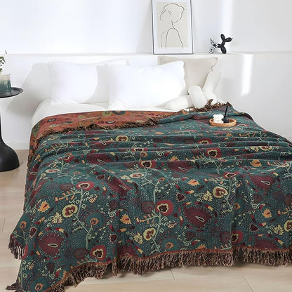 Boho Throw Blanket for Bed - 100% Pure Cotton Ultra Soft Rustic Quilt - Farmhouse Decor Bed Blankets, All Season Rustic Throw for Sofa Couch Chair(80''x 90'', Floral)
