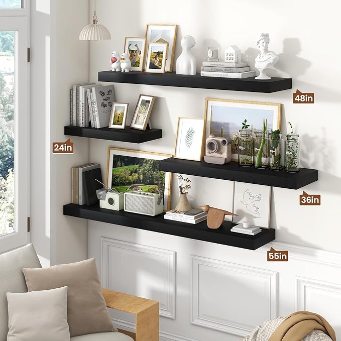 Heimlove 48" Black Floating Shelves for Wall,10 Deep Rustic Wood Display & Storage Wall Shelves with Heavy Duty Brackets for Bathroom,Bedroom,Kitchen,Living Room,Office,Set of 2