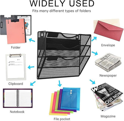 3-Tier Magnetic File Holder, No Drilling Installation File Cabinet Organizer, Black Magnetic File Organizer, Magazine Rack, Magnetic Paper Holder for Refrigerator, File Cabinets, Whiteboard