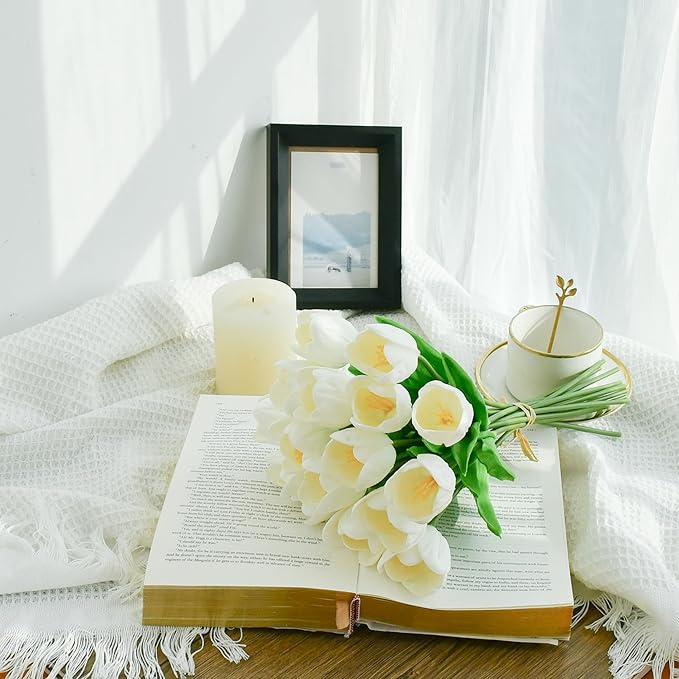 Mandy's Artificial Tulips 12 Stems White Partially Open PU Faux Flowers for Wedding Home Decor 13.5 Inch