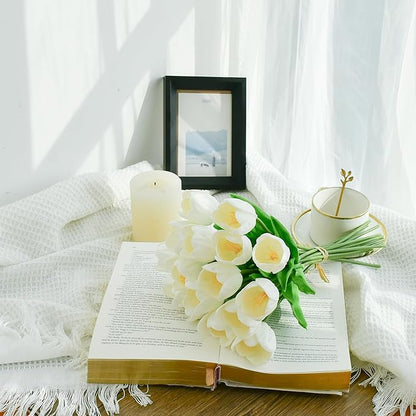 Mandy's Artificial Tulips 12 Stems White Partially Open PU Faux Flowers for Wedding Home Decor 13.5 Inch