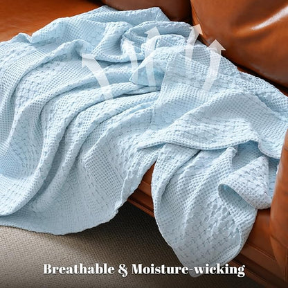 PHF 100% Cotton Waffle Weave Blanket Queen Size, Soft Lightweight Breathable Cozy Summer Blankets for Bed, Luxury Aesthetic Woven Bedding for Home Decor, 90"x90", Baby Blue