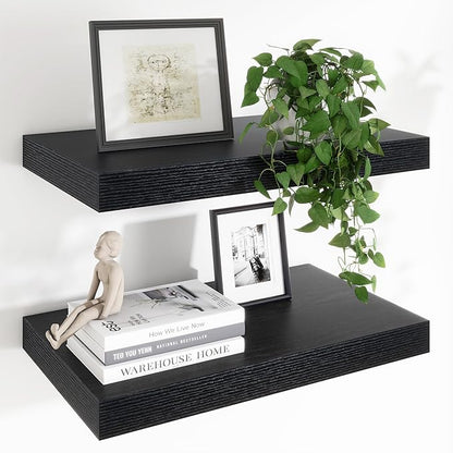 Heimlove 24 x 12 Inch Deep Floating Shelves Wall Mounted with Invisible Brackets,Storage Hanging Shelf for Wall Decor in Bathroom, Bedroom, Toilet, Kitchen, Living Room, Office Set of 2 (Black)