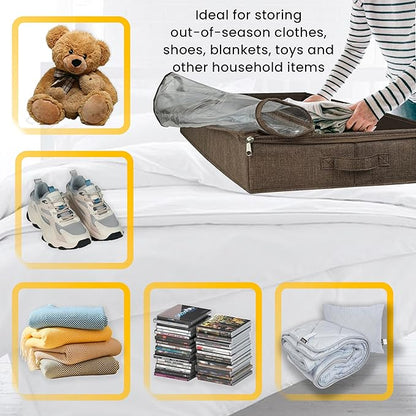 Brown Low Profile Under Bed Storage Containers 5 inches high, 33.8"x 17.7"x 5.1", Sturdy Underbed Shoe Storage Organizer, Foldable Fabric Under the Bed Storage Bins - Pack of 2