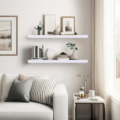 24"x6.8"x1.2" Solid Wood Floating Shelves 2-Pack - Rustic White Finish with Hidden Brackets, Perfect for Storage and Décor in Living Room, Kitchen, Bedroom