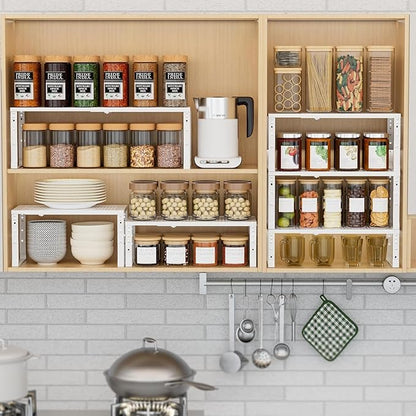 Expandable Spice Rack Kitchen Cabinet Shelf Organizer, Stackable Storage Shelves Racks, Adjustable Counter Shelving for Cabinets, Countertop, Cupboard,Pantry and More(3Packs/White/Large)