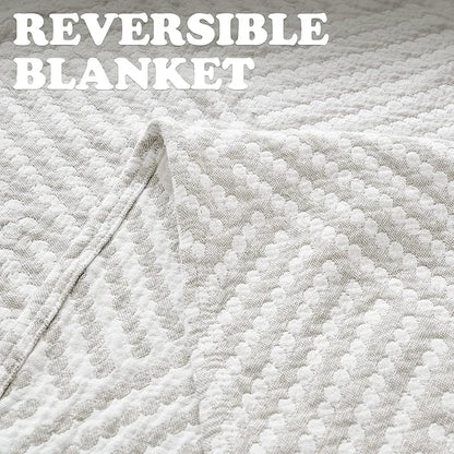 jinchan Boho 100% Cotton Blanket Muslin 50x60 Inches Lightweight 3-Layer Geometric Square Striped Pattern Reversible Quilt Throw Soft Breathable Comfy All Seasons for Couch Bed Decor, Light Grey