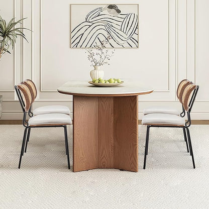 Rattan Dining Chairs Set of 2, Mid Century Modern Dining Chairs with Cane Back for Kitchen Dining Room, 19 Inch Faux Leather Beige