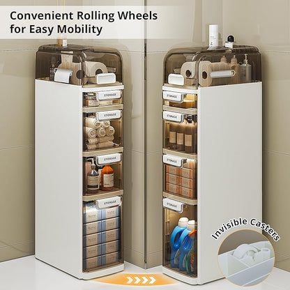 VECELO 5-Tier Narrow Beside Toilet Storage Cabinet, Plastic Bathroom Organizers and Storage with Drawers & Wheels, Space-Saving, Slim Toilet Paper Storage for Bathroom, Laundry Room, Small Space