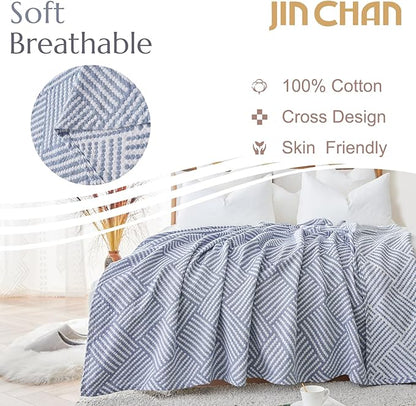 jinchan Boho 100% Cotton Blanket Muslin 50x60 Inches Lightweight 3-Layer Geometric Square Striped Pattern Reversible Quilt Throw Soft Breathable Comfy All Seasons for Couch Bed Decor, Blue