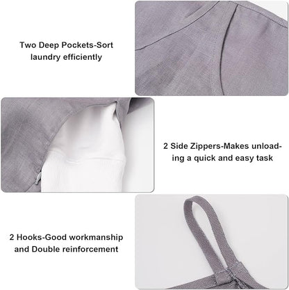 100% Pure Linen Dual Hanging Laundry Bag with 2 Deep Pocket and 2 Side Zipper 20x27in, Over The Door Laundry Hamper Space Saving Hampers for Dirty Clothes Home Travel, Grey
