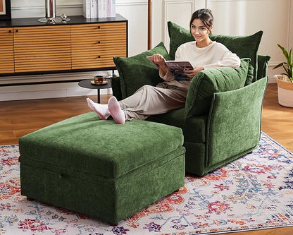 Oversized Loveseat Sofa, Modern Modular Sectional Couch Green Fluffy Chenille Mid Century 2-Seat 24.5" Deep Seat for Apartment, Living Room, Bedroom