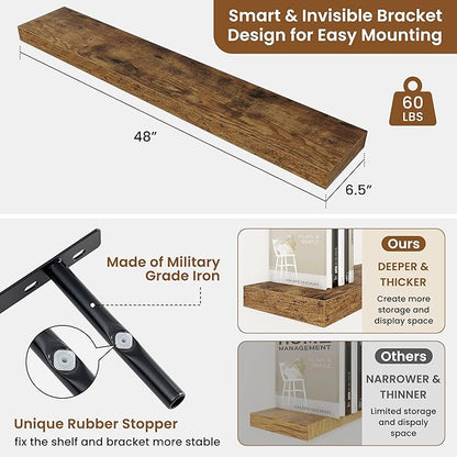 fuqing Floating Shelves for Wall, Bathroom Shelf Wall Mounted for Storage, Shelves with Invisible Bracket for Bedroom, Kitchen, Living Room, Farmhouse Small Book Shelf, 48 Inch Set of 2, Rustic Brown