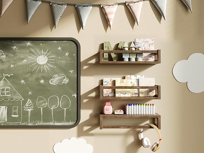 Upgraded Thick Floating Shelves - Multi-Use Wall-Mounted Bookshelves for Kids and Nursery, Ideal for Books, Toys, Spice Rack, Decor - Walnut Brown