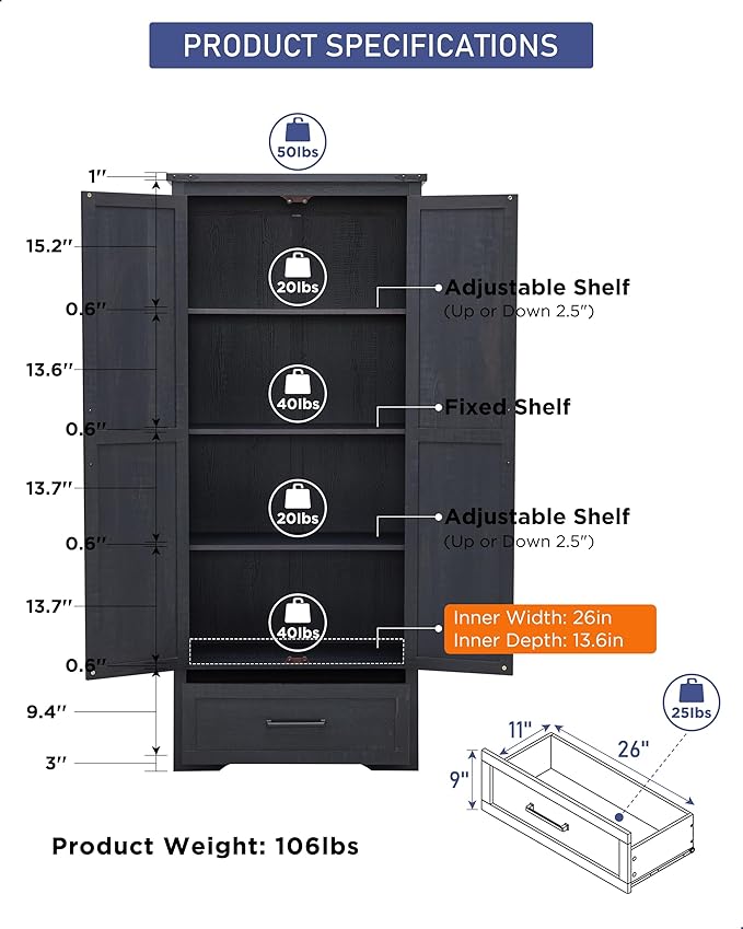 72" Tall Wood Storage Cabinet, Farmhouse Kitchen Pantry Cabinet with Adjustable Shelves & Drawer & Barn Doors, Versatile Storage for Kitchen, Dining Room, Bathroom, Black