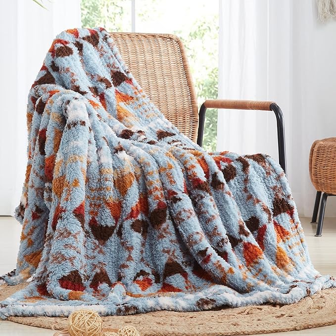 CASAAGUSTO Boho Sherpa Throw Blanket, Aztec Throw Blanket, Ultra Soft, Warm, Cozy, Plush, Thick Fleece Bohemian Blanket for Couch, Bed, Sofa (Blue Grey 50 * 60 Inch)