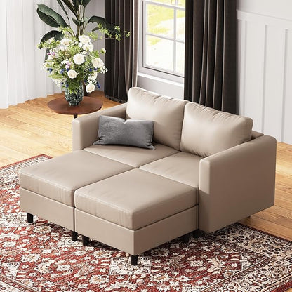 64.6" Faux Leather Loveseat Sleeper Sofa Bed with Storage Seat, Modern Modular Sectional Couch Deep Seat with Reversible Chaise 2-Seat Whitesand for Apartment, Living Room, Bedroom