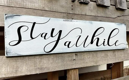 Farmhouse Stay Awhile Wood Sign, Entryway Sign Farmhous Wall Decor, Rustic Wall Art for Housewarming Gift (Stay Awhile) 6x18 Inch