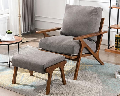 Mid Century Modern Accent Chair with ottoman, Farmhouse Linen Upholstered Living Room Armchair and Ottoman Set, 23" Seat Wide Retro Leisure Lounge Chair with Wood Frame for Home, Bedroom, Office, Grey