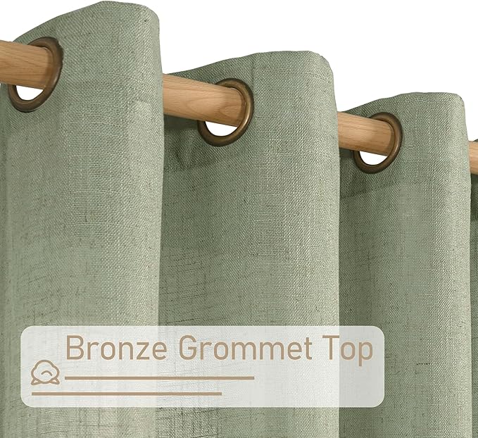 LAMIT Semi Sheer Linen Curtains 36 Inch Length, Light Filtering Panels Bronze Grommet Boho Neutral Christams Window Drapes for Kitchen/Small Windows/Cafe, Sage Green, 34 x 36 Inch, 2 Panels