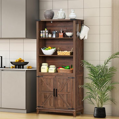 70in Tall Bookshelf 5 Tier Bookcase with Barn Doors and Adjustable Shelves, Brown Farmhouse Book Shelf with Storage Cabinet, Wood Freestanding Display Bookshelves for Bedroom, Kitchen (2PCS)
