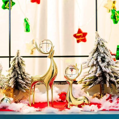 Sziqiqi Brass Reindeer Christmas Statue - Deer Sculpture for Living Room Decor - Gold Metal Reindeer Antler Animal for Tabletop