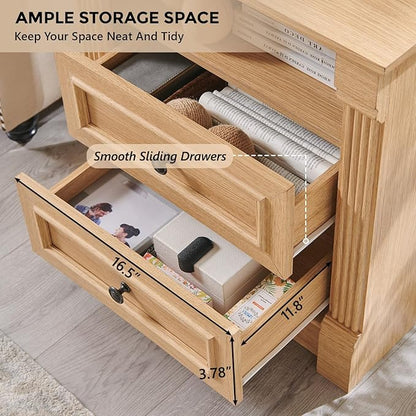 26" Tall Farmhouse Nightstand Set of 2, 2 Drawers End Table w/Charging Station, 23.6" Wide Large Side Tables w/Roman Column, Wood Rustic Sofa Tables w/Open Shelf, Bedside Table for Bedroom, Natrual