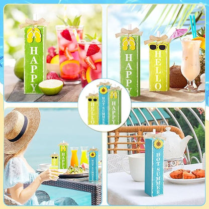 3 PCs Wooden Tiered Tray Decor Hello Happy Hot Summer Rustic Table Decor Block Signs for Beach Island Home Office Decorations (Summer-1)