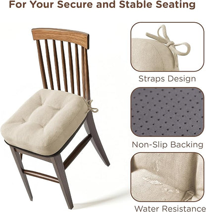Codi Dining Chair Cushions 2 Pack, Thick Chairs Pads for Indoor Kitchen Room - Washable, Non-Slip Memory Foam Seat Cushion with Ties, 16.5"x16.5"x 3.5", Set of 2, Beige