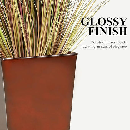 Worth Garden Large Metal Glazed Floor Planter Set of 2-14" Dia x 18" H - Luxurious Glossy Finish Red Tall Square Tapered Steel Plant Pots, Decor Flower Pot Indoor & Outdoor, Drainage Hole