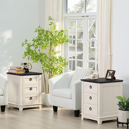 18" Farmhouse Night Stand with 3 Drawers, Wood End Table Dresser for Bedroom, White Nightstand, Bed Side Table with Metal Handle, Bedside Cabinet for Bedroom Living Room, Closet