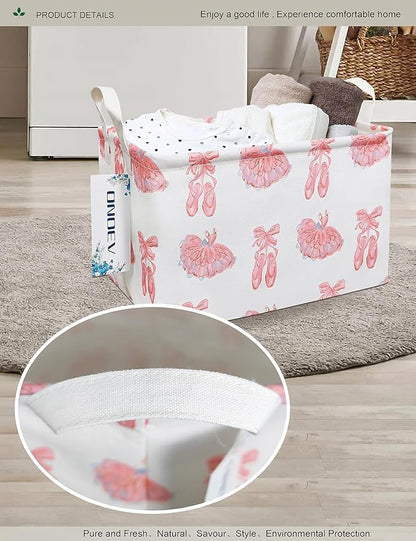 Rectangular Folding Laundry Basket,waterproof Canvas Basket,gift basket,Suitable for children's room,Office,Clothes,Toys Storage(Pink lace dance shoes)
