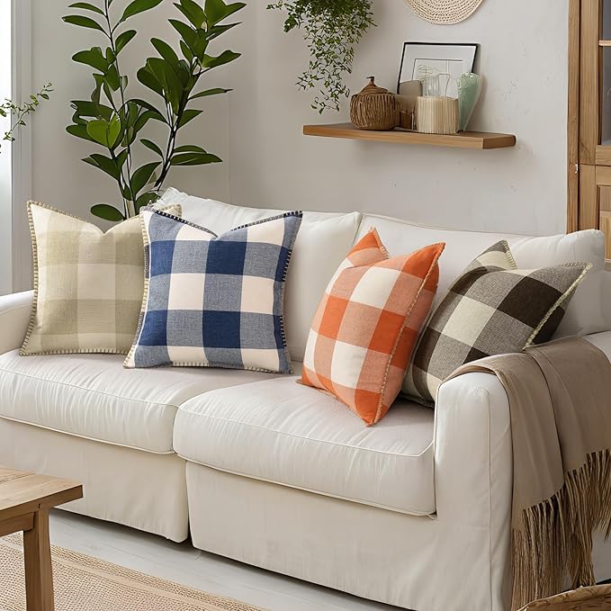 decorUhome Buffalo Plaid Check Throw Pillow Covers 12x20 Set of 2, Outdoor Lumbar Decorative Farmhouse Neutral Pillow Covers with Stitched Edge for Bed Couch Sofa, Navy Blue and White
